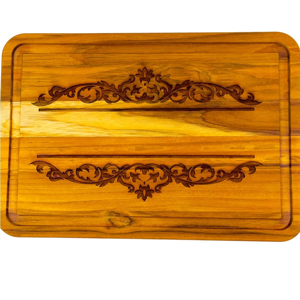 Tramontina: Teak, engraved serving, cutting board, with inlay boarder. New